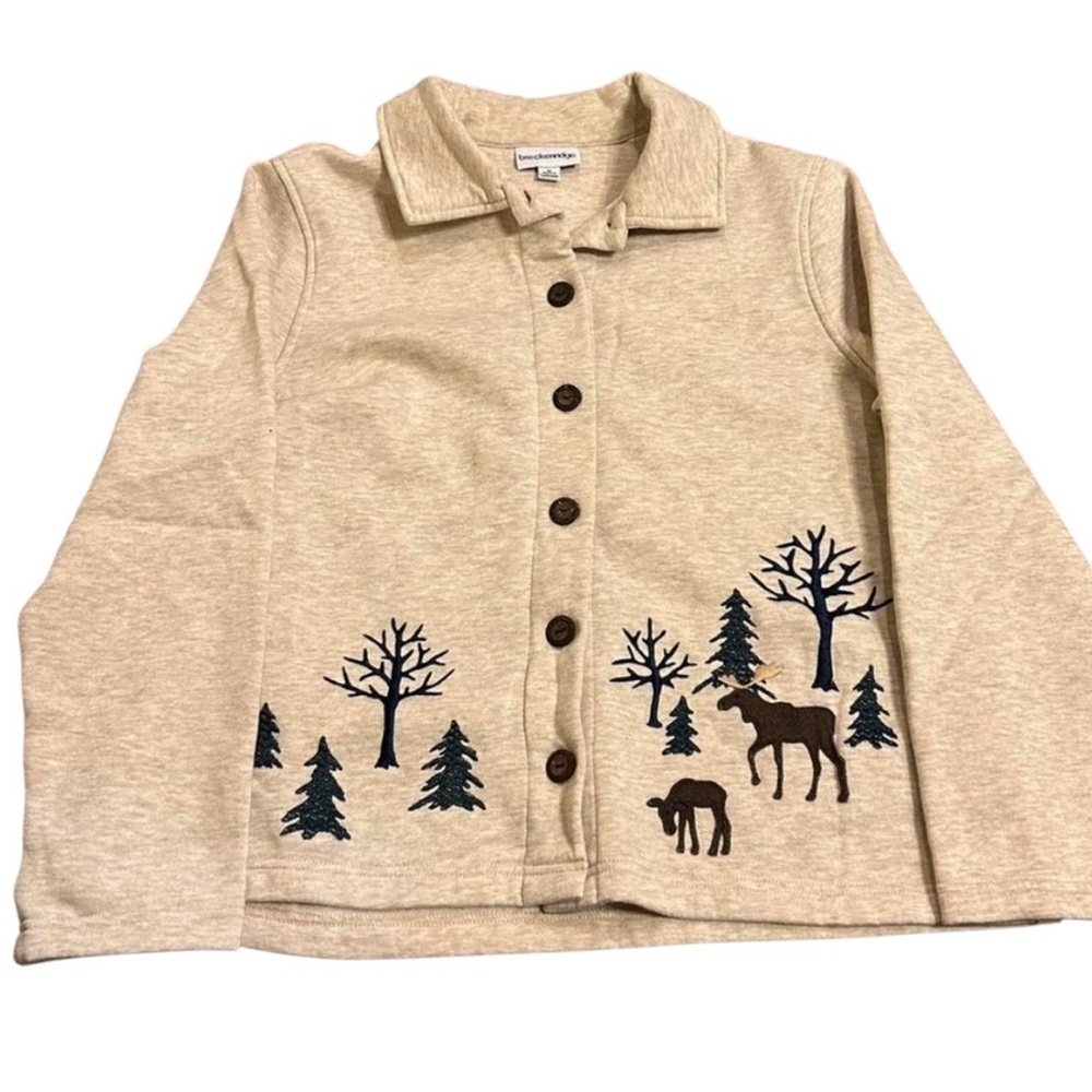 Breckenridge Cardigan with Moose Pine Trees Vintage Beige Fleece